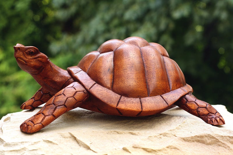 G6 Collection 12" Large Wooden Tortoise Turtle Statue Hand Carved Sculpture Wood Decorative Home Decor Accent Figurine Handcrafted Handmade Rustic Seaside Tropical Nautical Ocean Coastal Decoration - Image 1